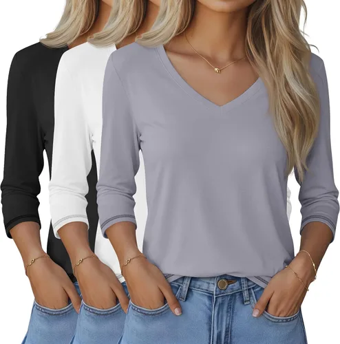 Vista 6 de Ficerd Paquete de 3 camisetas de manga 3/4 para mujer, cuello en V, blusas holgadas, blusas casuales, ropa de moda 2026