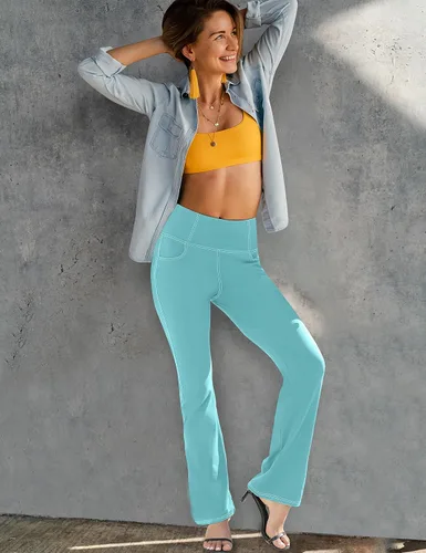 Vista 4 de VOOVEEYA Leggings con corte de bota para mujer, pantalones de yoga acampanados con 4 bolsillos, control de abdomen, pantalones de vestir casuales