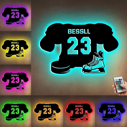 Vista 31 de Letrero de metal de jersey deportivo personalizado con luz LED, nombre y número personalizado, letrero de neón con nombre personalizado, decoración