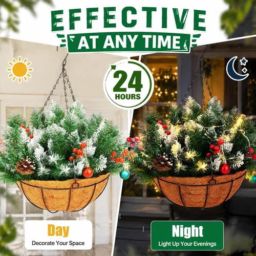 Vista 6 de Cesta colgante de Navidad artificial de 20 pulgadas, paquete de 2 2 cestas de flores de Navidad