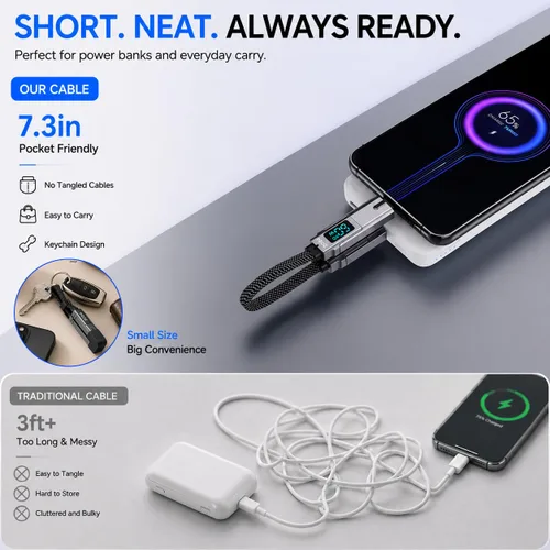 Vista 3 de pzoz Cable de carga múltiple llavero cable de carga con pantalla LED, 4 en 1 Multi USB C de carga rápida Combo Lightning/Tipo C/USB A/USBC