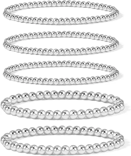 Vista 10 de Pulsera para mujer con cuentas chapadas en oro de 14 quilates, pulsera elástica de cuentas redondas Oro - 2 cubos+1 cuenta
