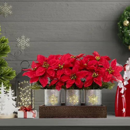 Vista 4 de Flores de Pascua artificiales de Navidad con luces LED, centro de mesa de Navidad rojo en macetas y caja de madera para decoración