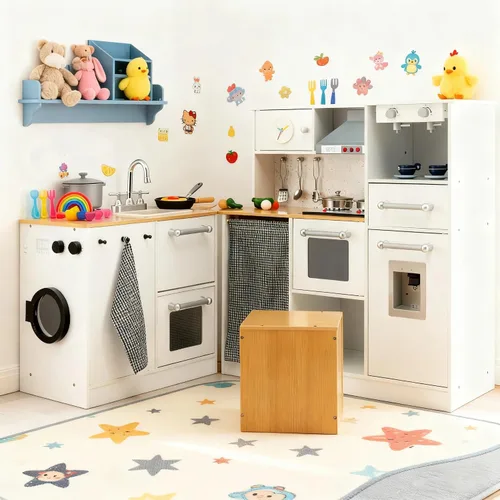 Vista 10 de Costzon Juego de cocina para niños, cocina de juego de simulación de madera 9 en 1 con luz y sonido realistas, máquina de hielo, lavadora