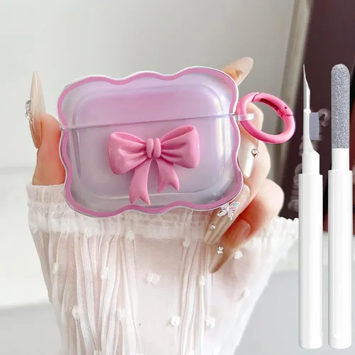 Vista 28 de Bonita funda transparente para AirPods Pro 2/1 Gen, diseño de lazo 3D femenino, funda protectora y a prueba de golpes de TPU suave Kawaii para Apple
