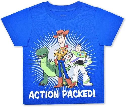 Vista 4 de Disney Toy Story Woody, Buzz and Rex - Camisa de manga corta para niños, paquete de 4 para niños pequeños y pequeños, amarilloazulverdegris