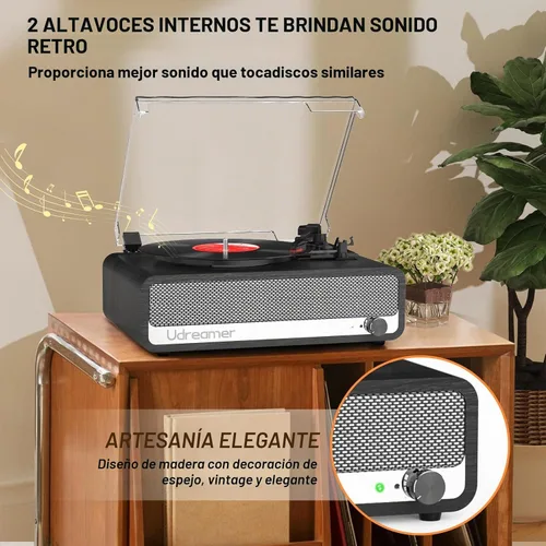 Vista 2 de Vinyl Record Player with Speakers, 3 Speed Turntable with Mirror, Black Negro