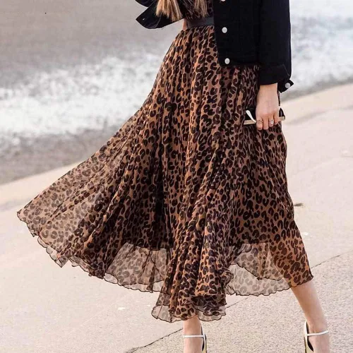 Vista 3 de L'VOW Falda larga elástica con estampado de leopardo para mujer, vestido plisado de cintura alta