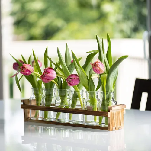Vista 3 de Hermoso jarrón de cristal con soporte de madera para plantas y 6 jarrones de brotes, botellas de vidrio decorativas para decoración del hogar