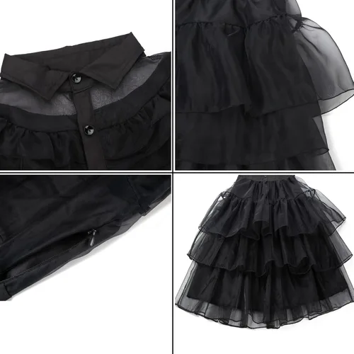 Vista 4 de Moiegouct Wednesday Addams - Disfraz negro de Addams, vestido de noche para Halloween, cosplay, fiesta con cinturones, calcetines para niñas
