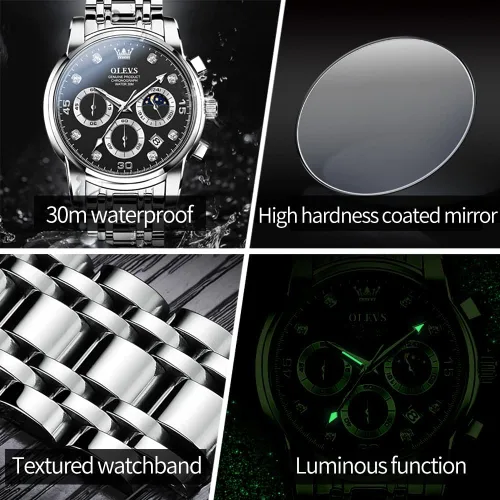 Vista 5 de Taxau Watches for Men, Luxury Stainless Steel Big Face Dress Mens Watches Waterproof Date Moonphase Analog Quartz Men's Wrist Watches