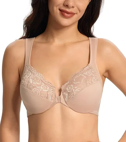 Vista 5 de Lemorosy Brasier para mujer, talla grande, sin relleno, cierre frontal, espalda cruzada, con aros, para uso diario