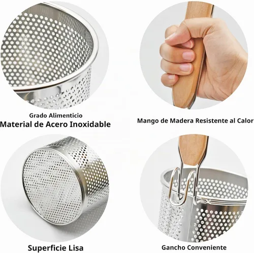 Vista 2 de Colador de Pasta de Acero Inoxidable, 2 piezas Colador de Fideos y Dumplings de Alimentos Microperforado con Mango de Madera, Cestas para Colar