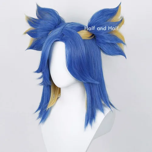 Vista 4 de Uniquebe Valorant - Peluca de neón para cosplay peluca azul con flequillo de cortina lindas colas de caballo gorra de peluca para disfraces