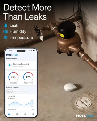 Vista 5 de Moen Flo Detector de fugas de agua inteligente, alarma de sensor de goteo o inundación para el hogar, 1 paquete, blanco, 920-004