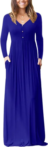 Vista 7 de GRECERELLE Vestido de manga larga con cuello en V para mujer, estilo casual, con botones, maxi, 2025, con bolsillos 01 Negro