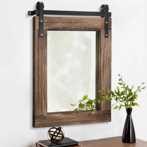 Vista 10 de AAZZKANG Espejo con marco de madera, estilo de puerta de granero, rectangular, decorativo, baño, dormitorio, tocador, decoración de pared del hogar