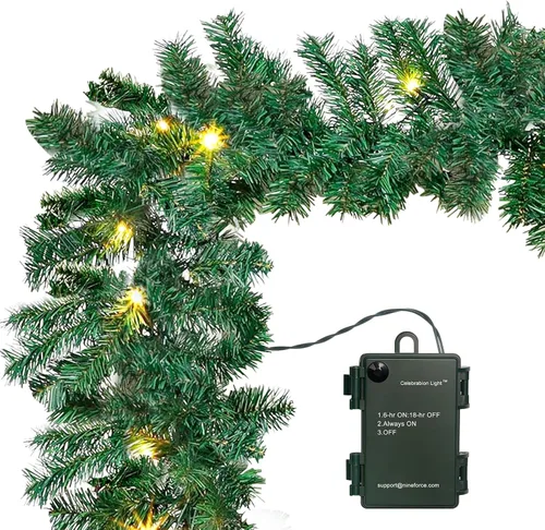 Vista 11 de Guirnalda de Navidad de 6 pies preiluminada de pino Norfolk con luces LED – Guirnalda iluminada operada a batería para repisa, escaleras