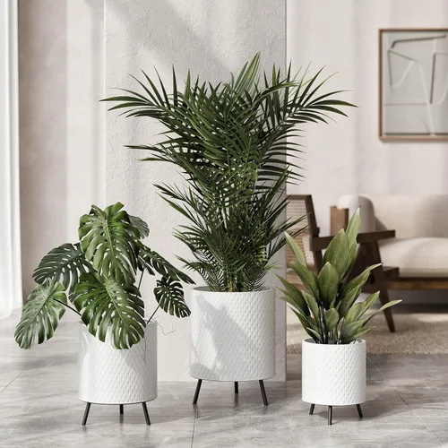 Vista 2 de EverNest Claire - Maceta blanca neutra de panal con soporte Nyra, macetas de interior, SelectBase, estilo bohemio moderno de mediados de siglo