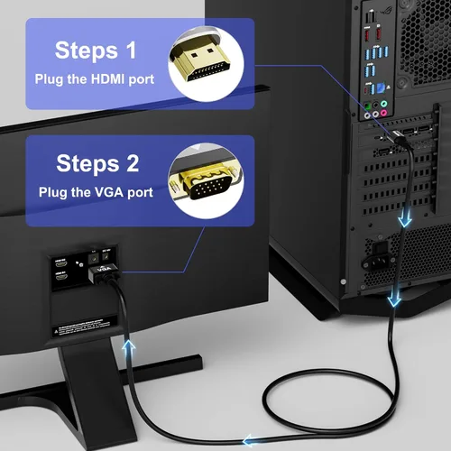 Vista 4 de Cable HDMI a VGA de 4 pies, cable HDMI (fuente) a VGA (pantalla), cable negro macho a macho, conectores chapados en oro, carcasas de aluminio