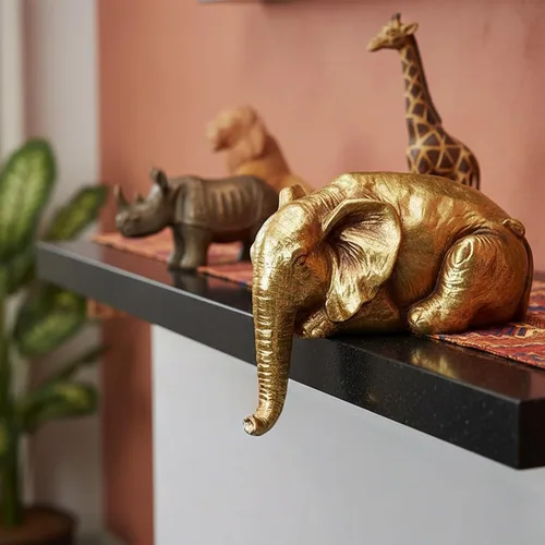 Vista 5 de Braxio Estatua de elefante para decoración del hogar, escultura abstracta de elefante dorado de resina para estantes, escritorio, mesa, oficina