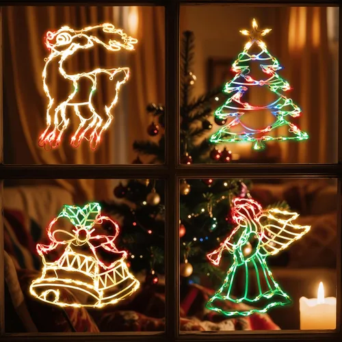 Vista 10 de Decoraciones navideñas iluminadas para ventanas, paquete de 2 luces de silueta de ventana de Navidad enchufables para Navidad, fiesta, hogar, patio