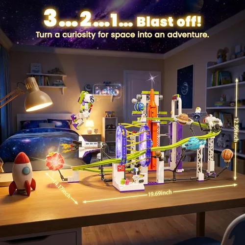 Vista 2 de Juego de construcción de montaña rusa espacial con sistema solar iluminado, regalos para niños