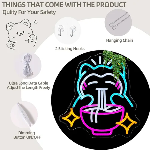 Vista 3 de Ramen - Letrero de neón con diseño de fideos de oso lindo para decoración de pared, LED regulable, decoración de pared japonesa, luz de neón