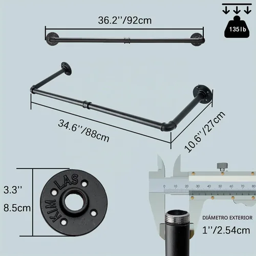 Vista 4 de Perchero de pared con 3 ganchos, barra de ropa de 36 pulgadas de largo para pared, barra de ropa de tubería industrial, perchero de hierro
