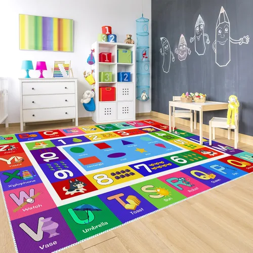 Vista 8 de ABC - Alfombra de juego para niños, con forma del alfabeto, con números del alfabeto, alfombra de área educativa de aprendizaje de frutas, grande