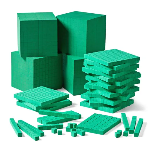 Vista 3 de hand2mind Juego completo de diez bloques de base de espuma verde, bloques de valor de lugar, cubos de conteo para matemáticas de niños, base de 10