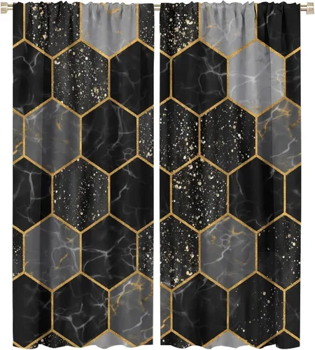 Vista 139 de Cortinas Negras con Dobladillo Dorado, Cortinas Opacas con Bolsillo para Barra con Estampado de Rayas de Foil en Onda Dorada para Decoración de Negro