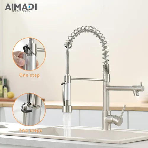 Vista 2 de AIMADI - Grifo de cocina con rociador desplegable, grifo de cocina comercial de arco alto, de una sola manija, de acero inoxidable con níquel Níquel