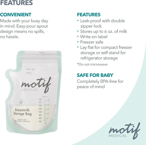 Vista 5 de Motif Medical Bolsas de almacenamiento de leche materna – Bolsas para el congelador de leche materna con boquilla fácil de verter, etiqueta