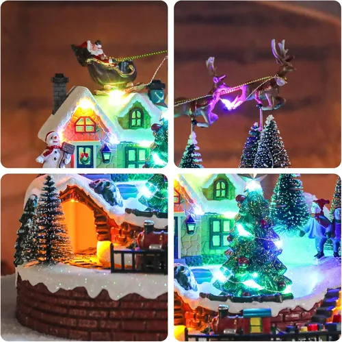Vista 6 de Vipush Decoraciones de Casa de Pueblo Navideño de Resina Juego de Tren con Papá Noel Volador Decoración del Hogar Interior Figuras de Edificios Tren