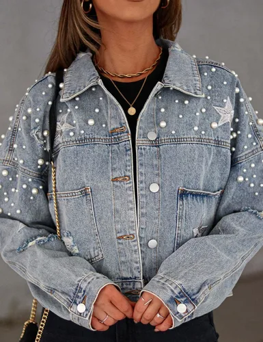 Vista 6 de Esmeling Chaqueta vaquera con perlas recortadas para mujer, diseño de estrellas, con bordado de estrellas