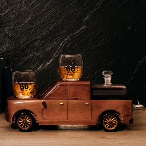 Vista 6 de Set de decantador de vino y whisky en forma de camioneta de recogida con dos vasos Route 66 de 12 Oz y 350 ml - Regalos para él, papá, conductor