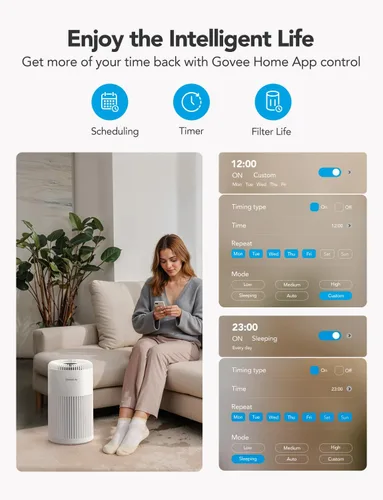 Vista 6 de GoveeLife Purificador de aire inteligente para el hogar, habitación grande de hasta 1524 pies cuadrados, con filtro lavable, sensor de calidad
