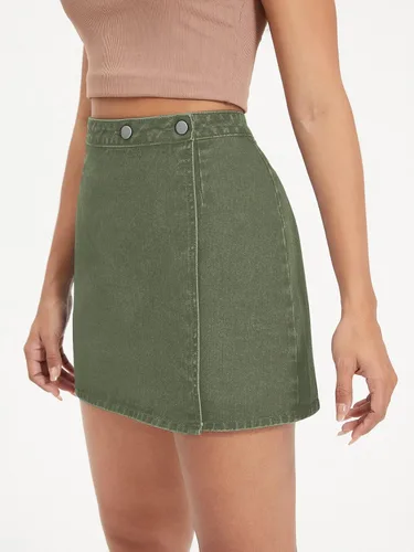 Vista 4 de WDIRARA Minifalda de mezclilla de cintura alta para mujer, acampanada, con botones