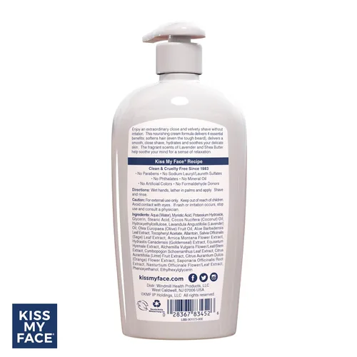 Vista 6 de Kiss My Face Crema de afeitar humectante, crema de afeitar para hombres y mujeres, botella con bomba de 11 onzas, lavanda y karité, paquete de 4