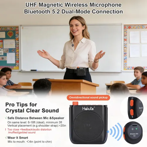 Vista 3 de HAKUTA - Amplificador de voz inalámbrico para profesores, altavoz Bluetooth portátil with Magnetic Lavalier Microphone&2 Mic,Magnetic Dock with