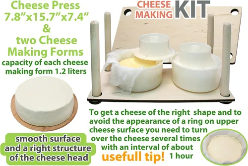 Vista 4 de Prensa de queso de madera para suministros de fabricación de queso, guías de madera de 16 pulgadas y molde de 2 quesos con pistón seguidor de 1.3