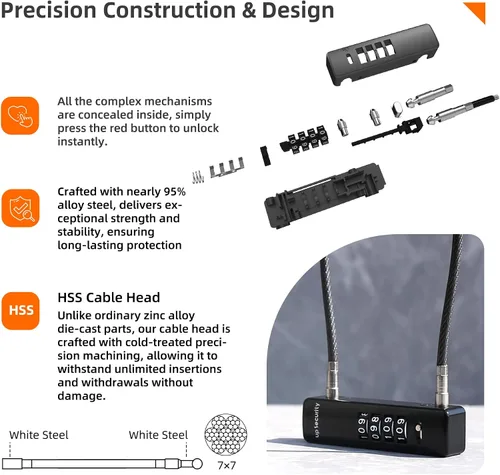 Vista 4 de Candado de cable con código, cerradura de combinación de 4 dígitos para puerta de valla al aire libre, equipaje de viaje, candado combinado