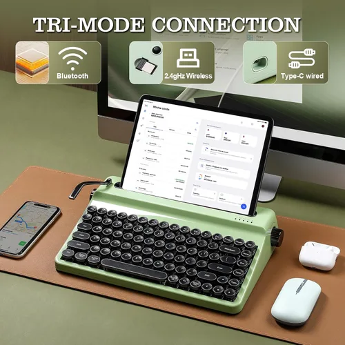 Vista 4 de YUNZII QL75 Wireless Typewriter Retro Mechanical Keyboard(Green, Cocoa Cream V2 Switch),Spring Tea Keycap Cherry(Cherry Profile, Spring Tea)