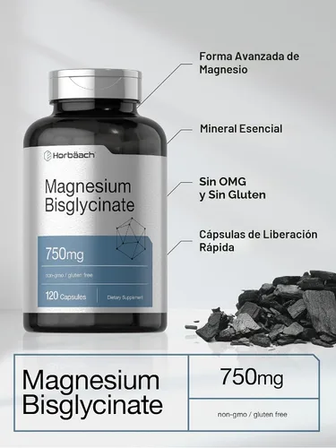 Vista 4 de Horbäach Bisglicinato de magnesio 120 cápsulas 750 mg Suplemento sin OMG y sin gluten