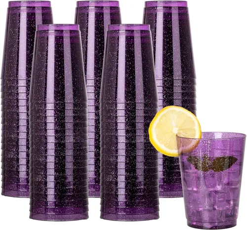 Vista 12 de DaYammi Paquete de 100 vasos de plástico dorados de 16 onzas, elegantes vasos de plástico transparente con borde dorado, desechables, copas de vino