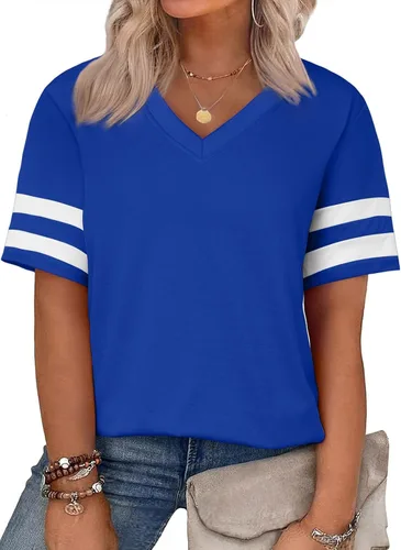 Vista 39 de Eytino Blusas de talla grande para mujer, cuello en V, manga corta, a rayas, casual, holgada, con bolsillo (1X-5X)