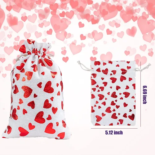 Vista 2 de eyigylyo Bolsa de arpillera de corazón para el día de San Valentín con cordón, 12 bolsas de dulces de San Valentín, bolsas de joyería para el día