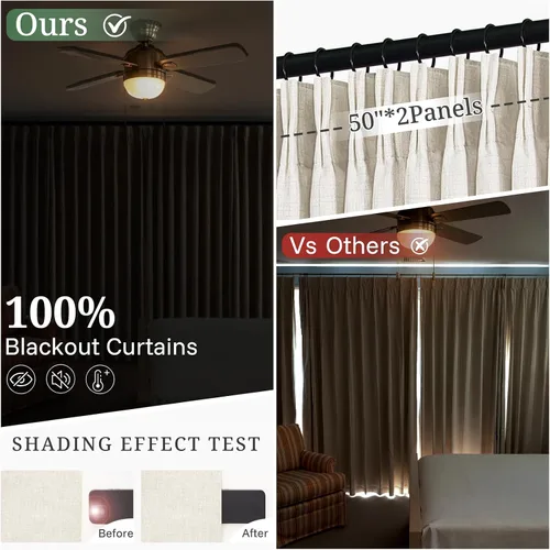 Vista 4 de Cortinas plisadas de lino opacas de 96 pulgadas de largo, juego de 2 paneles para oscurecer la sala de estar/dormitorio, cortinas térmicas virales
