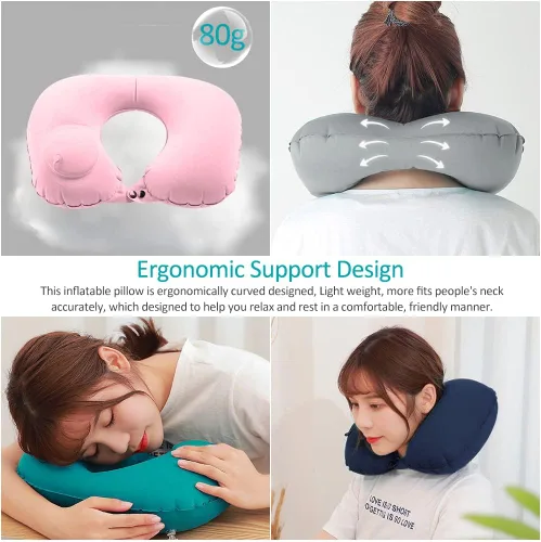 Vista 4 de 2 almohadas inflables de viaje, almohada inflable ajustable para el cuello, almohada inflable portátil en forma de U con máscara de ojos, tapón